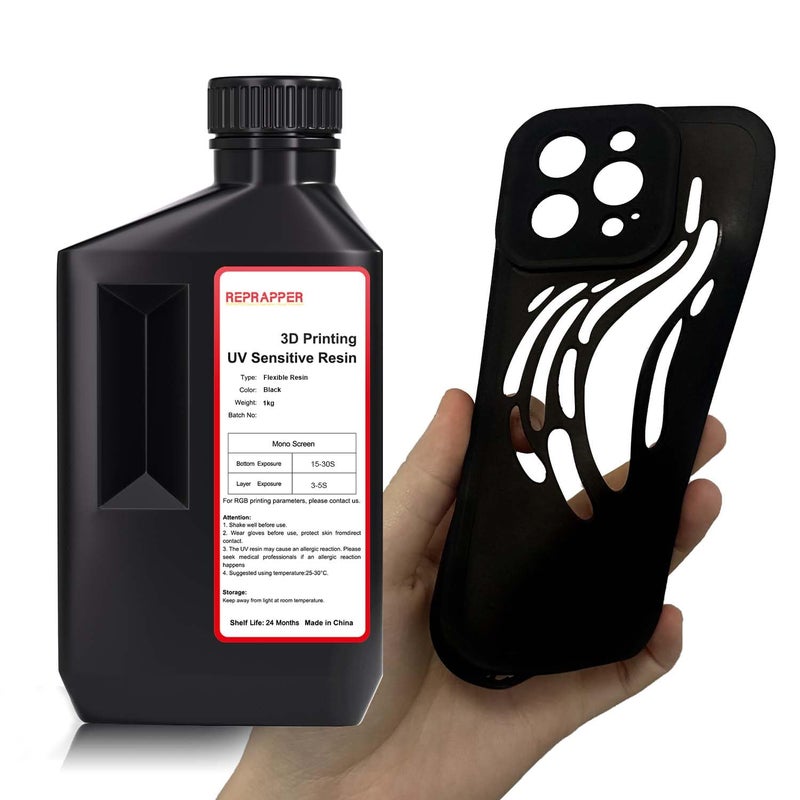 RepRapper Store Flexible Tough (Shore 80A) 3D Printer Resin, Soft Rubber/TPU Like 3D Printing Resin, High Elongation 405nm Fast UV-Curing Photopolymer Resin for LCD Printer, Black 1000g - Image 1